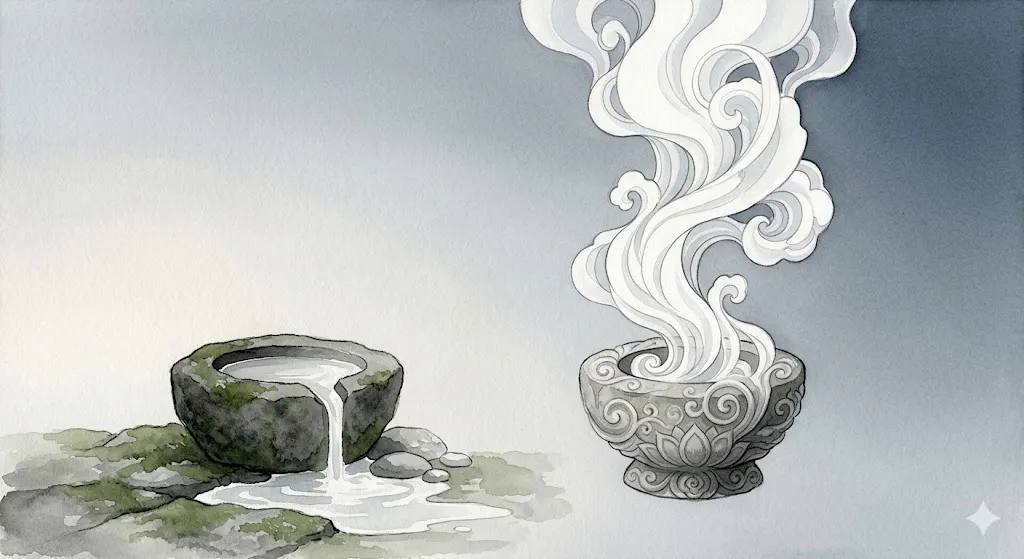 水の相転移（沸騰）になぞらえて、システムの劇的な変化を象徴する幻想的なイラスト