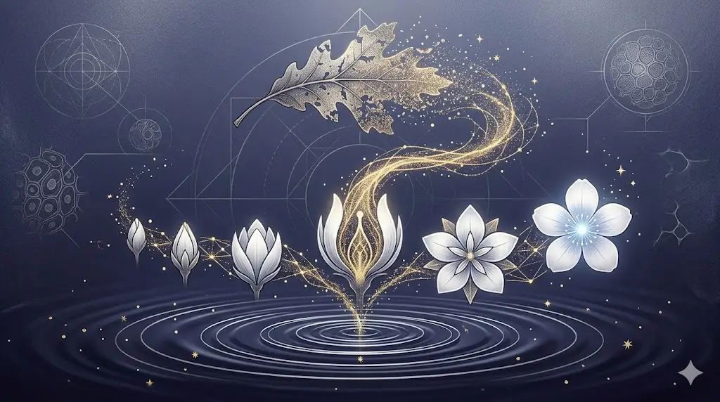 生命科学における計画的廃棄（アポトーシス）と全体の進化を象徴化した静謐なイラスト