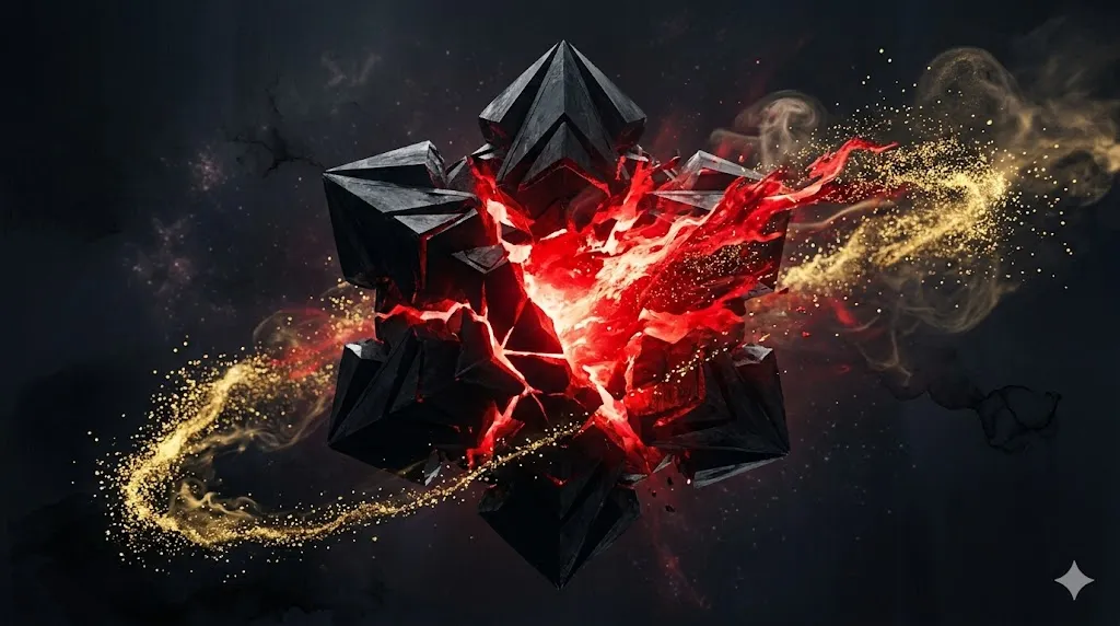 散逸構造論における古い秩序の崩壊とエネルギーによる自己組織化を視覚化した抽象的なイラスト