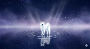 白い犬の夢の象徴——鏡のような湖面で光を放ちながら佇む「心の羅針盤」を表現した、幻想的で清々しいイラスト