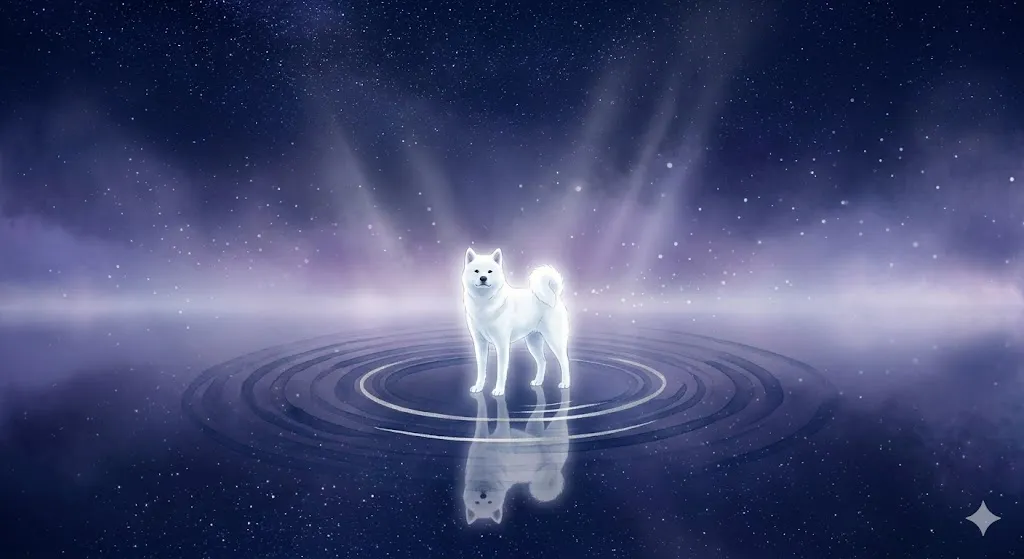 白い犬の夢の象徴——鏡のような湖面で光を放ちながら佇む「心の羅針盤」を表現した、幻想的で清々しいイラスト
