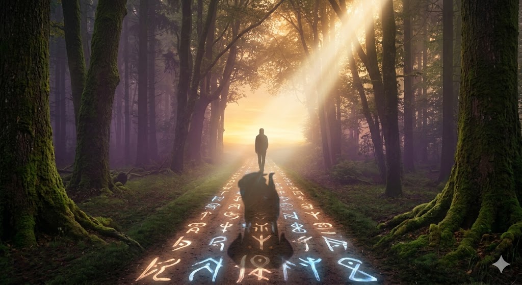 比較文化学における神聖な先導者と境界の越境を視覚化した幻想的なイラスト