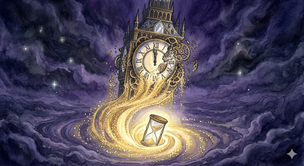 世界の終わりの夢の象徴——深い藍色の空の下で崩れ去る都市と、地平線から差し込む再生の光の幻想的なイラスト