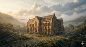 人生の設計図をテーマにした夢の意味を社会学的視点で象徴化した、図書館とそこへ集う情報の光の糸のイメージ