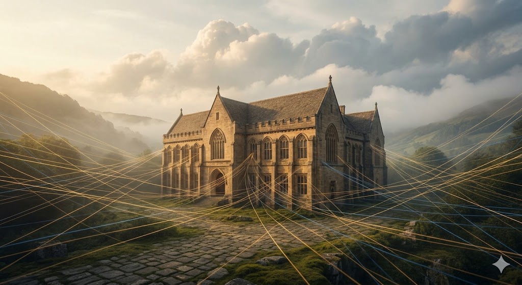 人生の設計図をテーマにした夢の意味を社会学的視点で象徴化した、図書館とそこへ集う情報の光の糸のイメージ