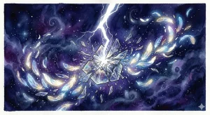 事故で死ぬ夢の意味を象徴する、闇の中の閃光と砕け散るクリスタルの幻想的なイラスト