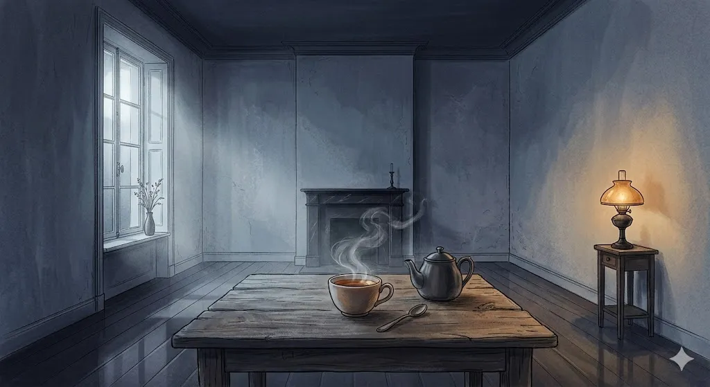 誰もいない家の夢を調律ワークに繋げる、窓辺の温かいお茶と琥珀色の灯火のイラスト