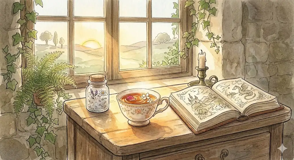 朝の静かな光が差し込む枕元に置かれた、温かいハーブティーと開かれた古い絵本の調律イメージ