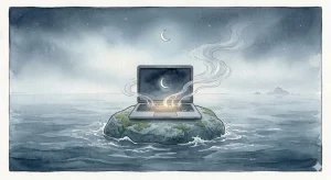 パソコンが壊れる夢の意味を象徴する、霧の海に浮かぶ暗転したノートパソコンのイラスト