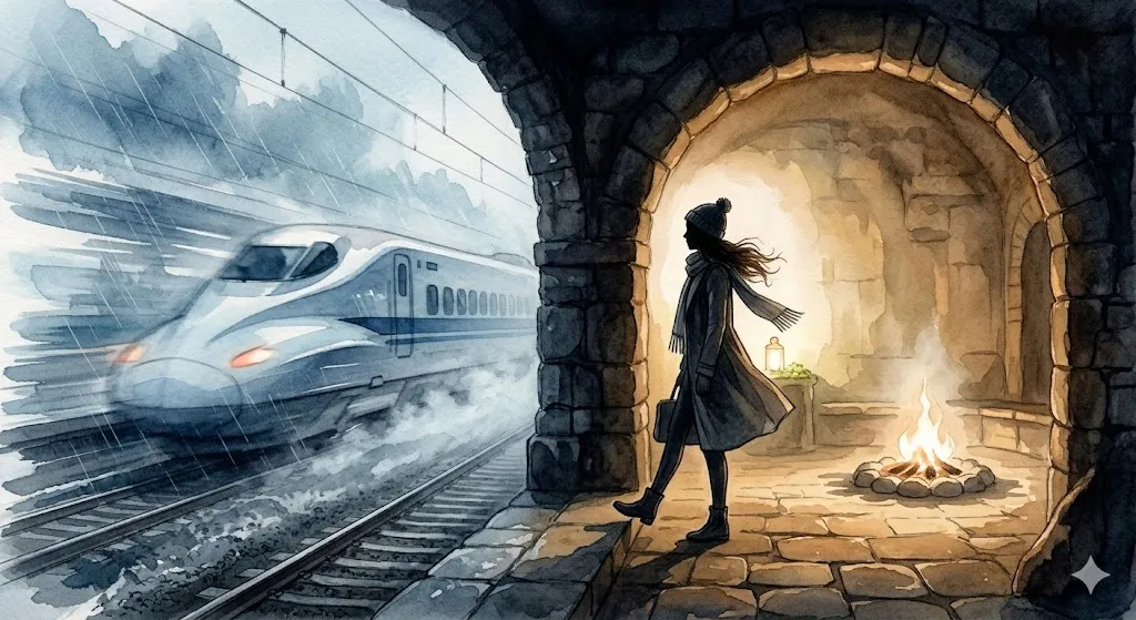 フォレストグリーンの光を反射して高速で走る新幹線の車体のアップイラスト