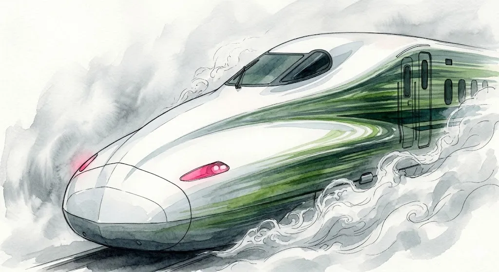 フォレストグリーンの光を反射して高速で走る新幹線の車体のアップイラスト