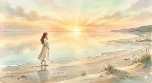 穏やかで綺麗な海の夢が持つ深層心理の意味を象徴する、美しい黄金の夜明けと凪のイラスト