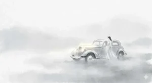 車が壊れる夢の意味を象徴する、霧の中に静かに佇む車と女性のイラスト