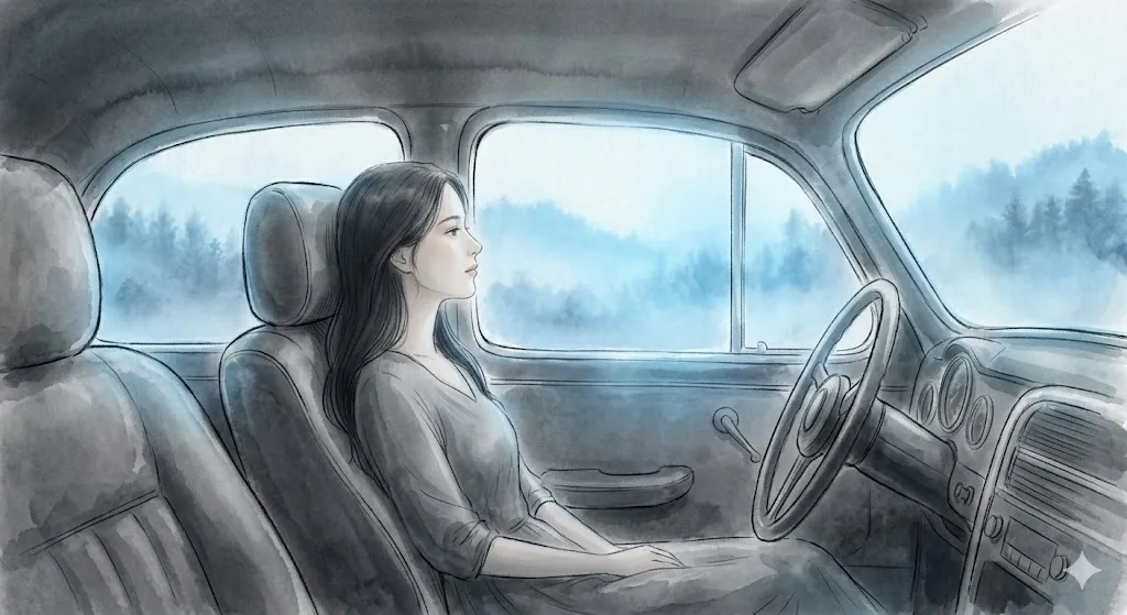 車が壊れる夢の閉塞感が静かな避難所に変わる瞬間を描いたイラスト