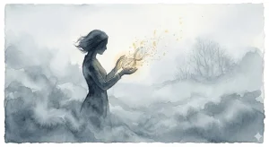 愛着品を失う夢の象徴として、霧の中で光に溶けていく羅針盤を持つ女性の幻想的なイラスト