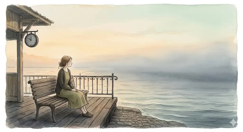 砂浜の夢が伝えるメッセージを読み解くために、静かな境界線で佇み客観視するイメージ