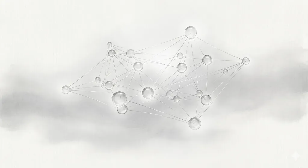 認知科学の内省的活動を象徴する、霧の中で整えられる光の糸と球体のイラスト