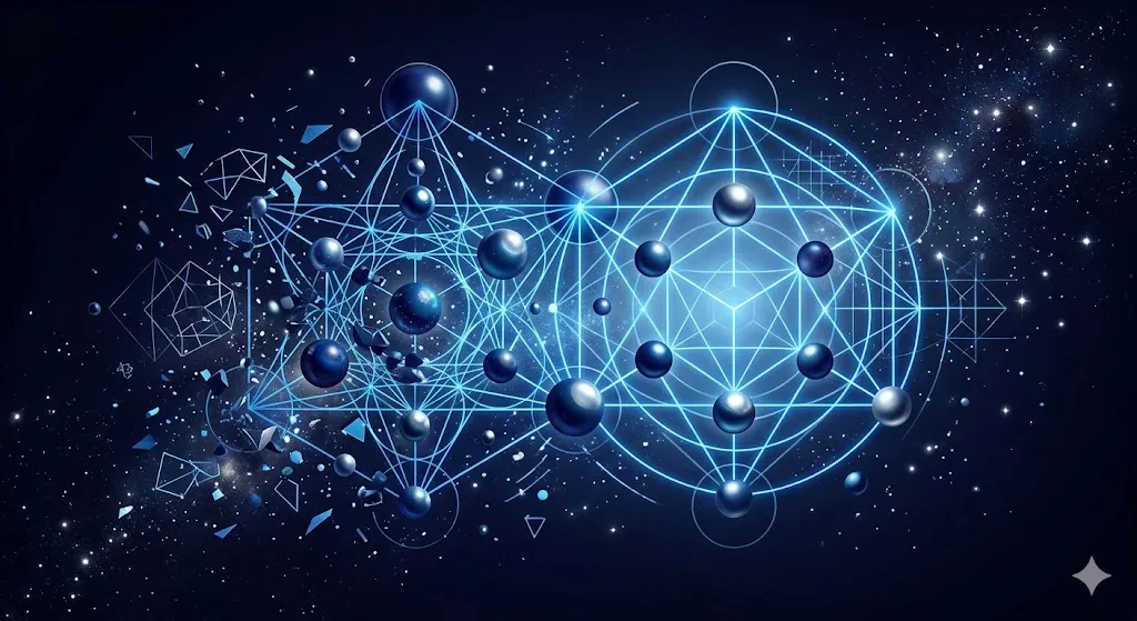 認知科学における情報の整理と意識の器の再構築を象徴する、幾何学的な抽象イメージ