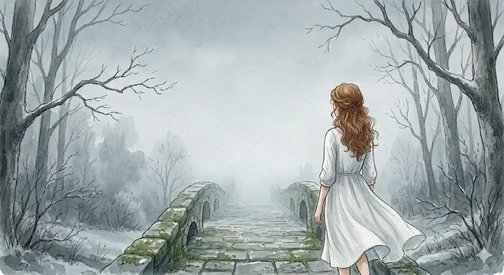 寂しさと静寂を映し出す霧の中の橋と女性の後ろ姿のイラスト