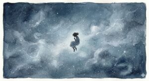 宇宙に一人でいる夢を象徴する、灰青色の広大な星空の深淵を穏やかに漂う女性の幻想的なイラスト