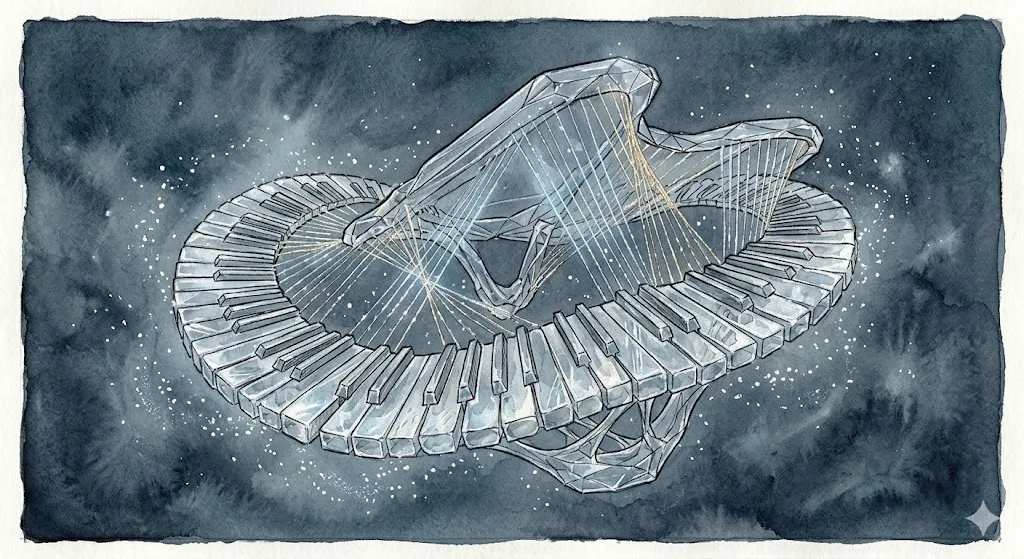宇宙に一人でいる夢の転換点となる、星空に浮かぶ透明なクリスタルの幻想的な楽器のイラスト