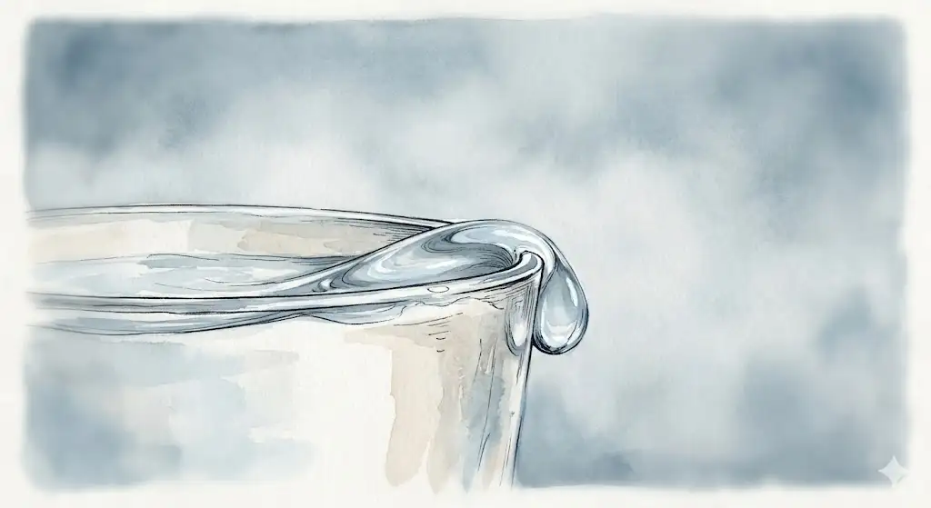 コップの水が溢れる夢の瞬間を捉えた、限界寸前の表面張力と冷たい光のイラスト