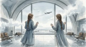 飛行機に間に合わない夢の焦りと救済を象徴する静かな空港ロビーのイラスト