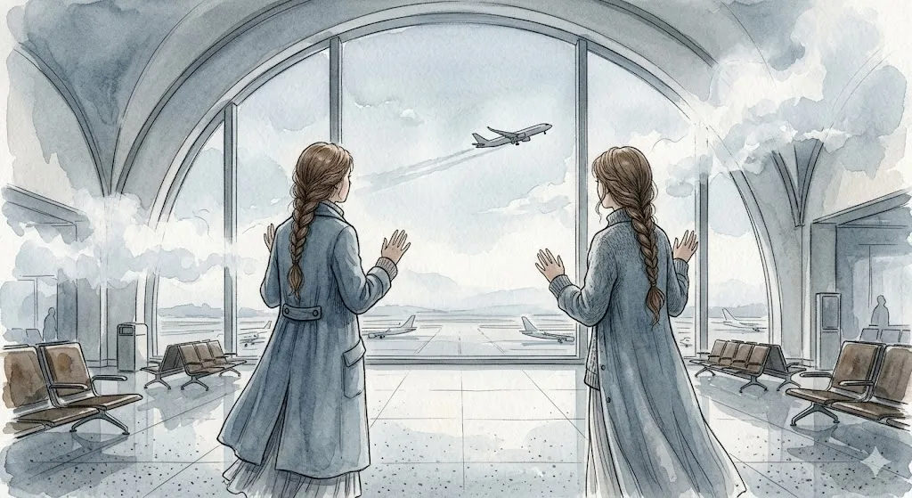 飛行機に間に合わない夢の焦りと救済を象徴する静かな空港ロビーのイラスト