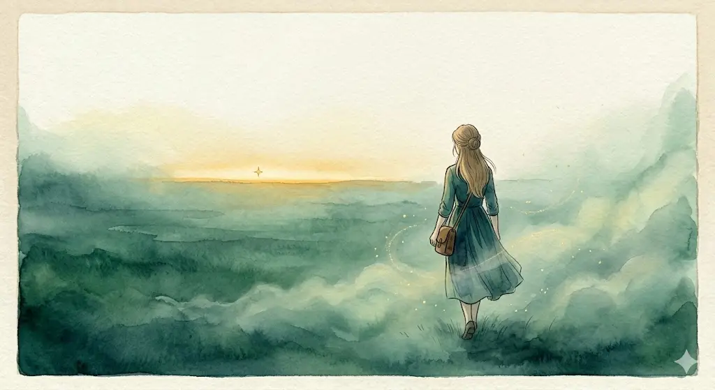 他者の輝きから自律し本来のおだやかな歩幅で現実を歩み直す女性の結びイラスト