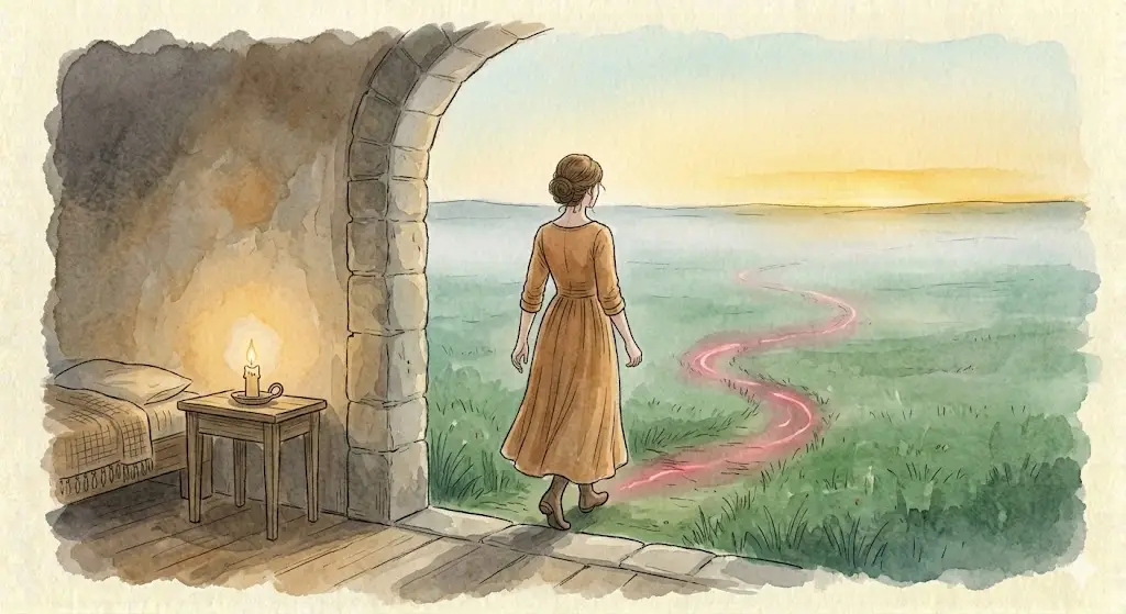 他者の評価レースから解放され本来の穏やかな歩幅で今日を生き直す女性の結びイラスト