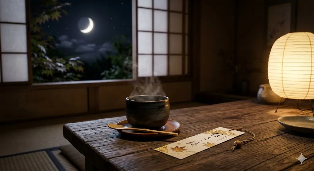 自分を慈しむための温かい飲み物と栞のある静かな夜の調律イメージ