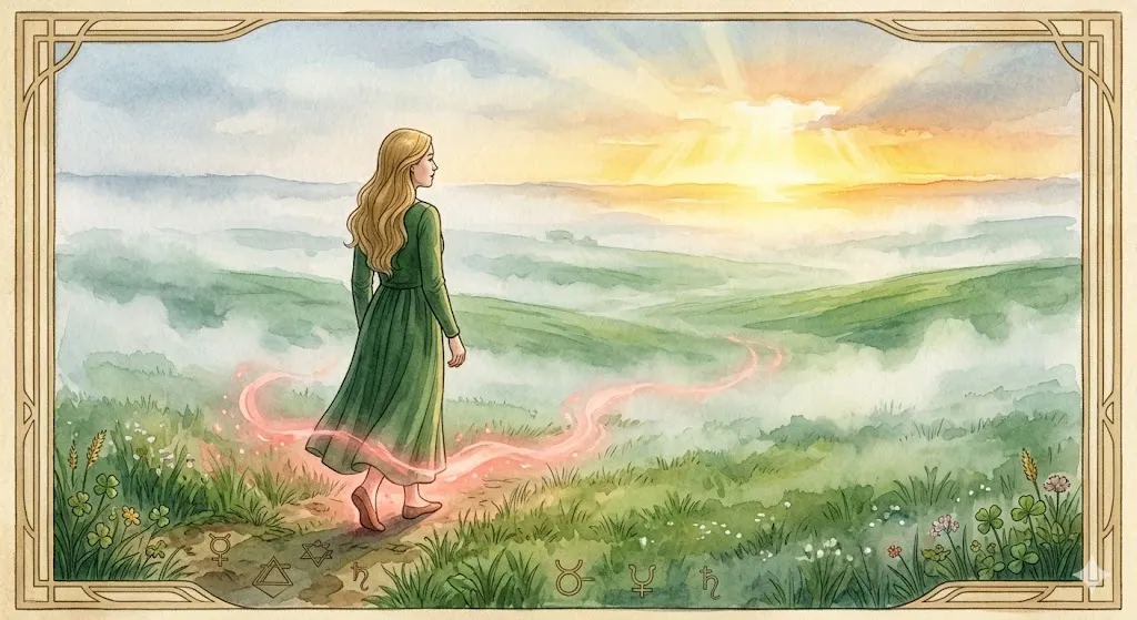 現実の摩耗を引き算しあなた本来の穏やかな歩幅で今日を歩み直す女性の結びイラスト