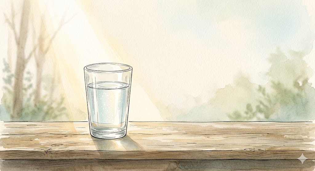 水を飲む夢の充足感を現実に繋ぐ今夜の調律ワークを促す静謐なイラスト
