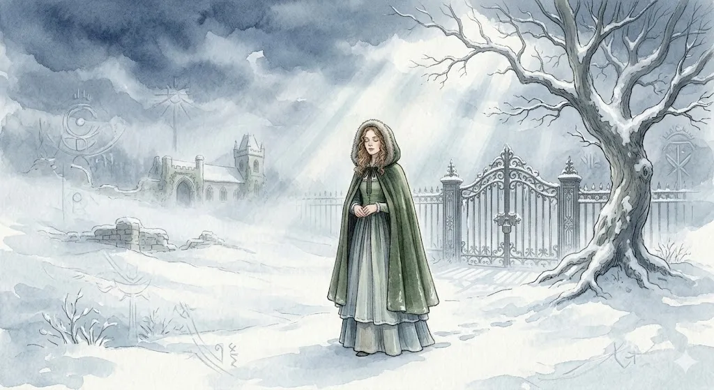 審査のタイムラインを離れてしんとした新雪の静けさに包まれる女性のイラスト