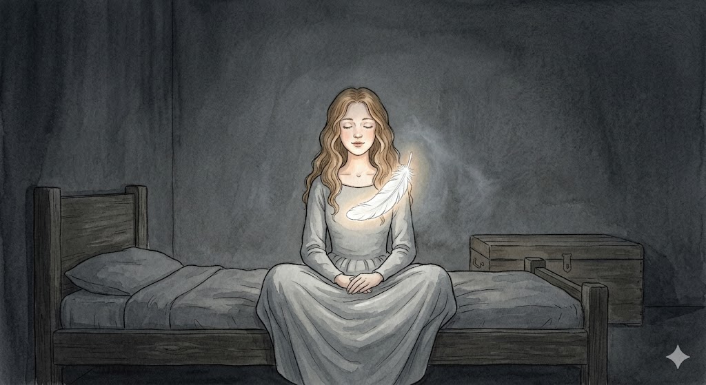 採点軸を離れてスノーホワイトの羽の軽やかさを胸に宿す女性のイラスト
