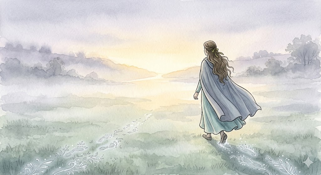 同じ夢への強迫観念を引き算し本来の新しい時間軸を歩き出す女性の結びイラスト