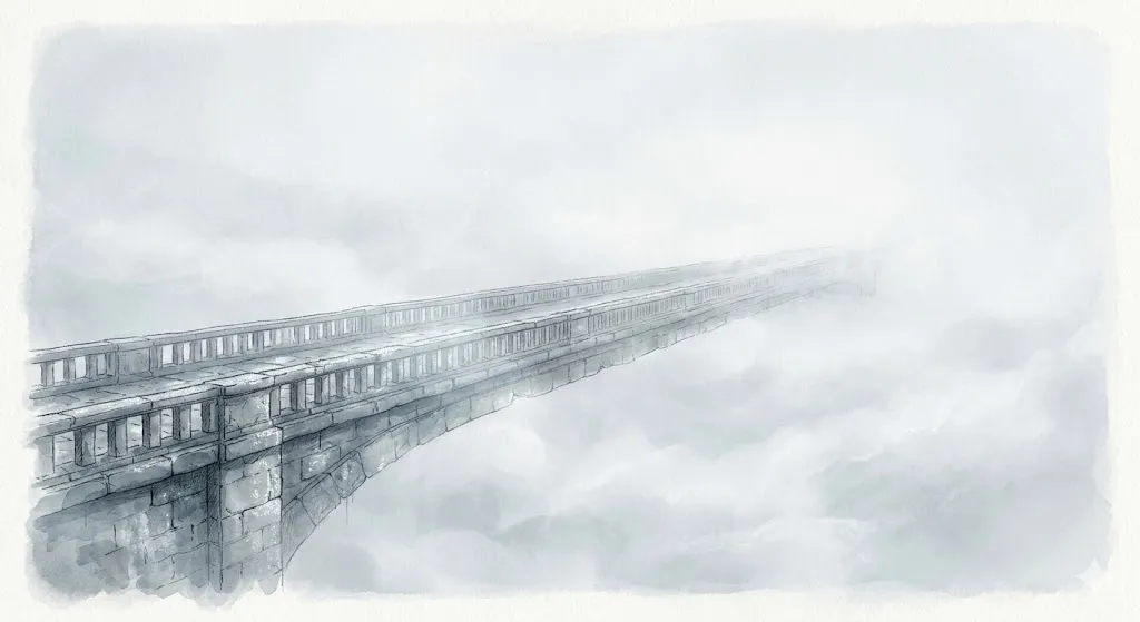 現実の引力を離れて静寂の領域へと進む霧のなかに消えゆく空中回廊のイラスト