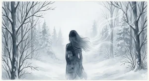 髪を失う夢の深層心理を紐解く、冬の森で光に変わる髪と女性の幻想的なイラスト