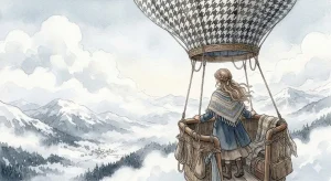 気球に乗る夢の垂直な離脱と加速社会からの解放を象徴する霧のなかの気球のイラスト