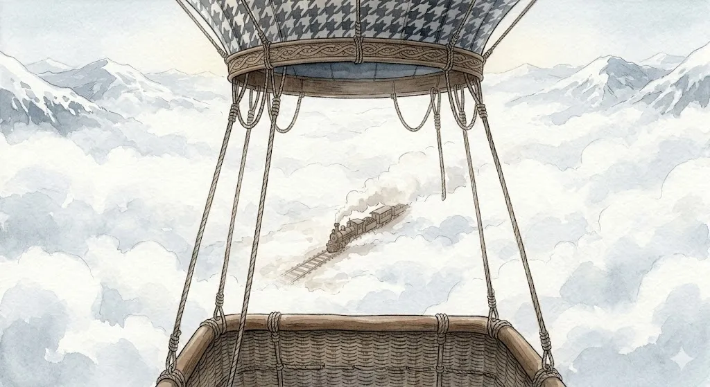 過密な地上のレールから離れて上空へと垂直に離脱する気球からの俯瞰イラスト