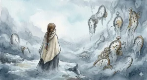 遅刻の夢の焦燥と時間強迫からの救済を象徴する霧のなかの歪んだ時計のイラスト