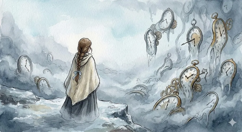 遅刻の夢の焦燥と時間強迫からの救済を象徴する霧のなかの歪んだ時計のイラスト