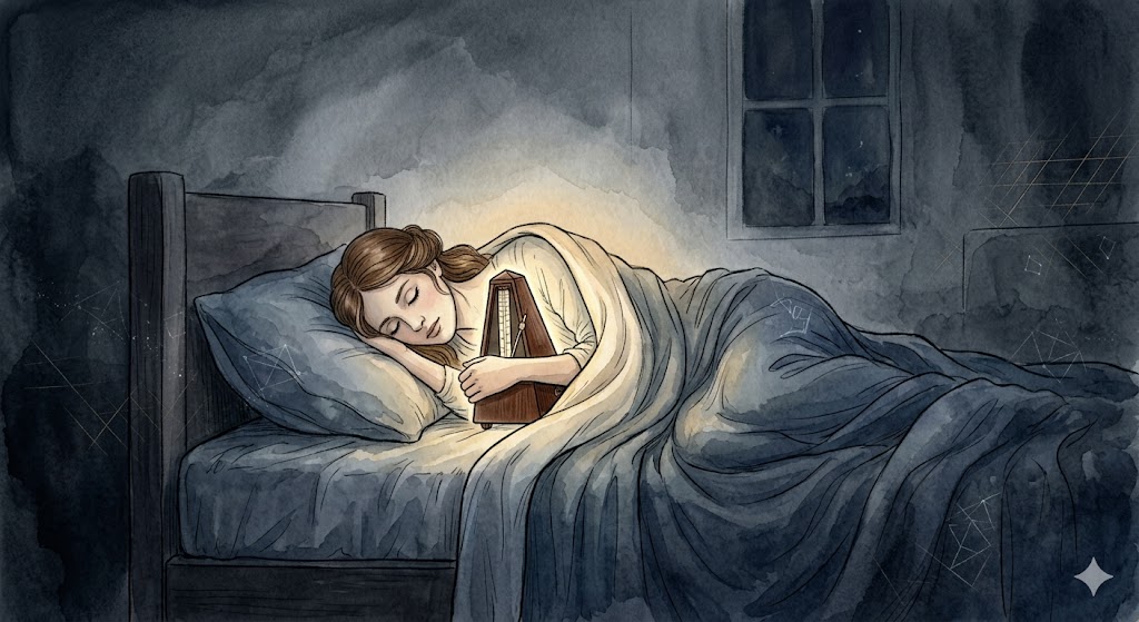 時間強迫から救済されクリームイエローの光を放つ生命のリズムを抱いて眠る女性のイラスト