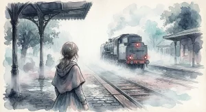 あえて乗り物を見送る夢の静けさと救済を象徴する霧のプラットホームのイラスト