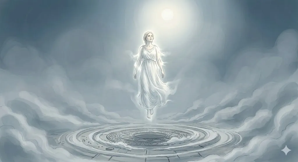 物質の重みを忘れて空気の境界線と優しく同化していく魔法で飛ぶ夢のイラスト