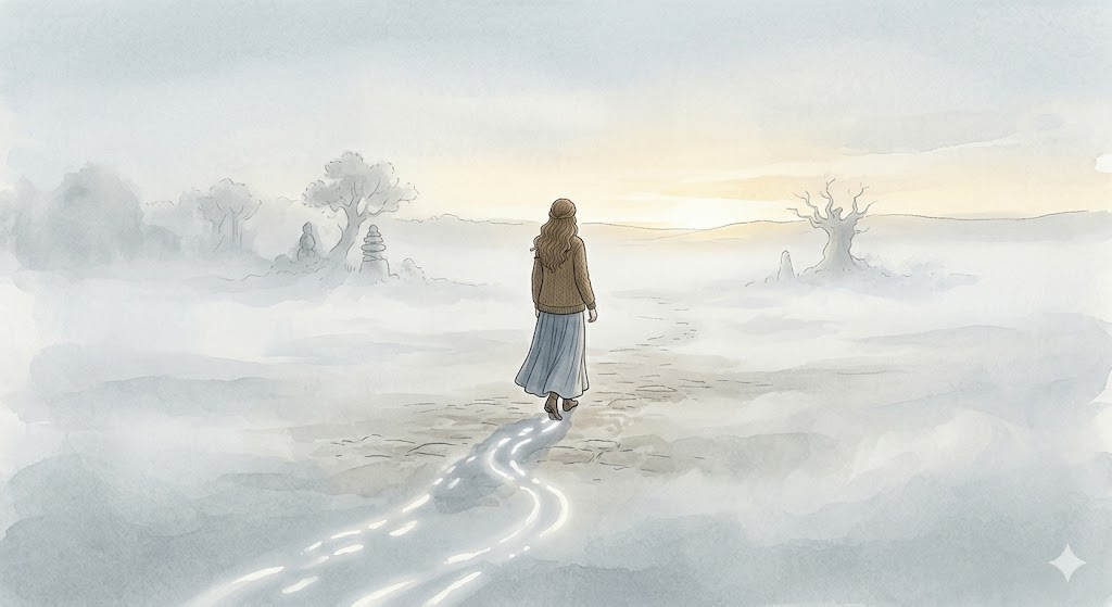 他者の期待を引き算し本来の自律した歩幅で新しい朝を迎える女性の結びイラスト