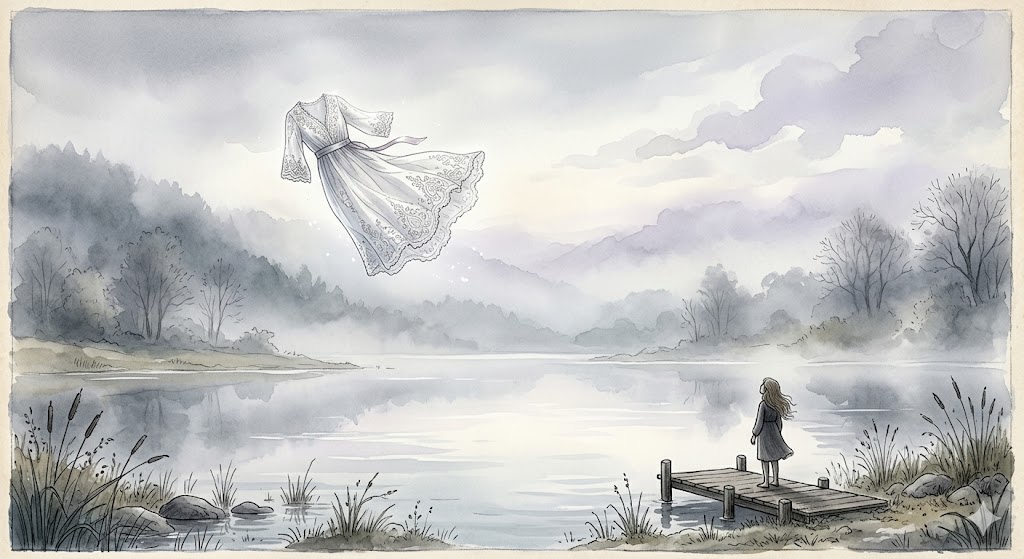 服を失う夢の心理的な意味を象徴する、静かな湖畔で薄衣が舞い上がる幻想的なイラスト