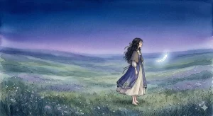 夜空の下に佇む女性と浮遊する泡。自分の居場所を失う夢が告げる存在の拡張をイメージしたイラスト