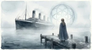 船に乗り遅れる夢の焦燥と救済を象徴する霧深い港と遠ざかる客船のイラスト
