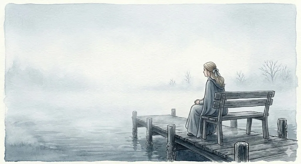 船に乗り遅れる夢の後に誰もいない港のベンチで静かに佇む女性のイラスト